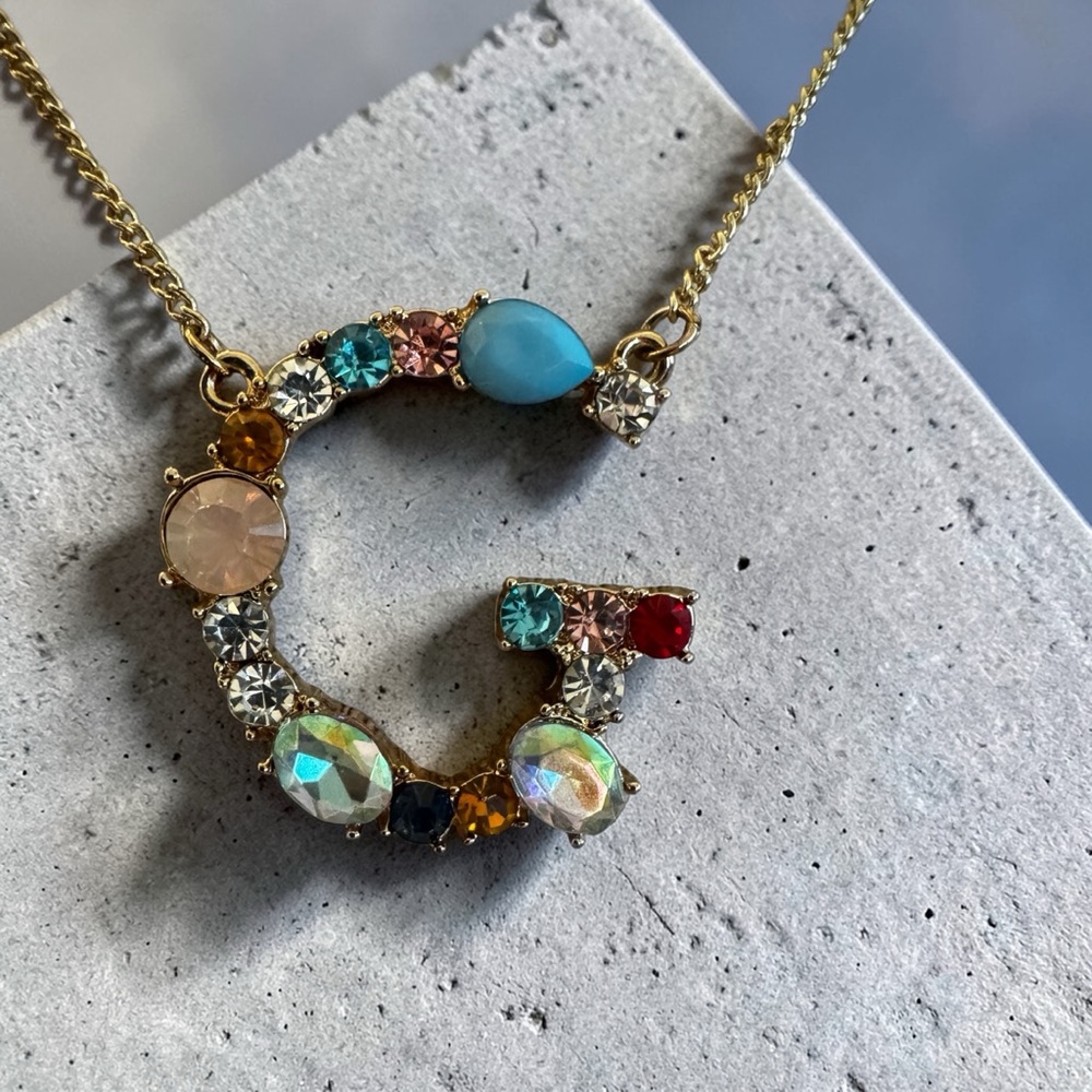 Initial G Necklace w Multicolor Gemstones - Picture 4 of 5
